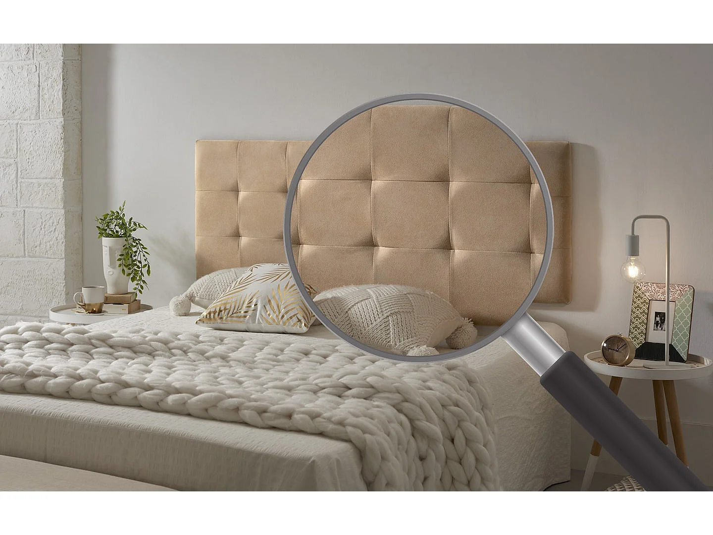 Cabecero de Cama 135 Capitone Cuadros Tela Antimanchas 152x57x5cm Camel Claro