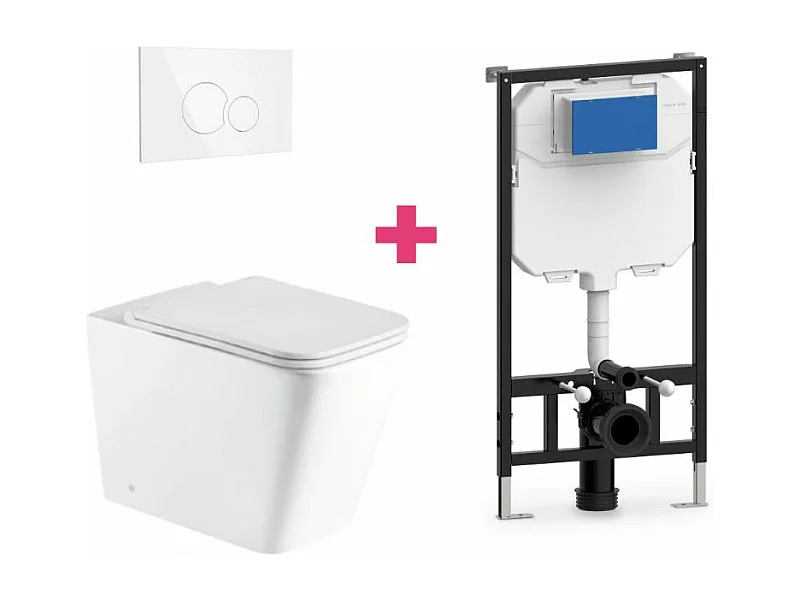 PACK inodoro suspendido cerámica PISA con cisterna y pulsador Blanco redondo