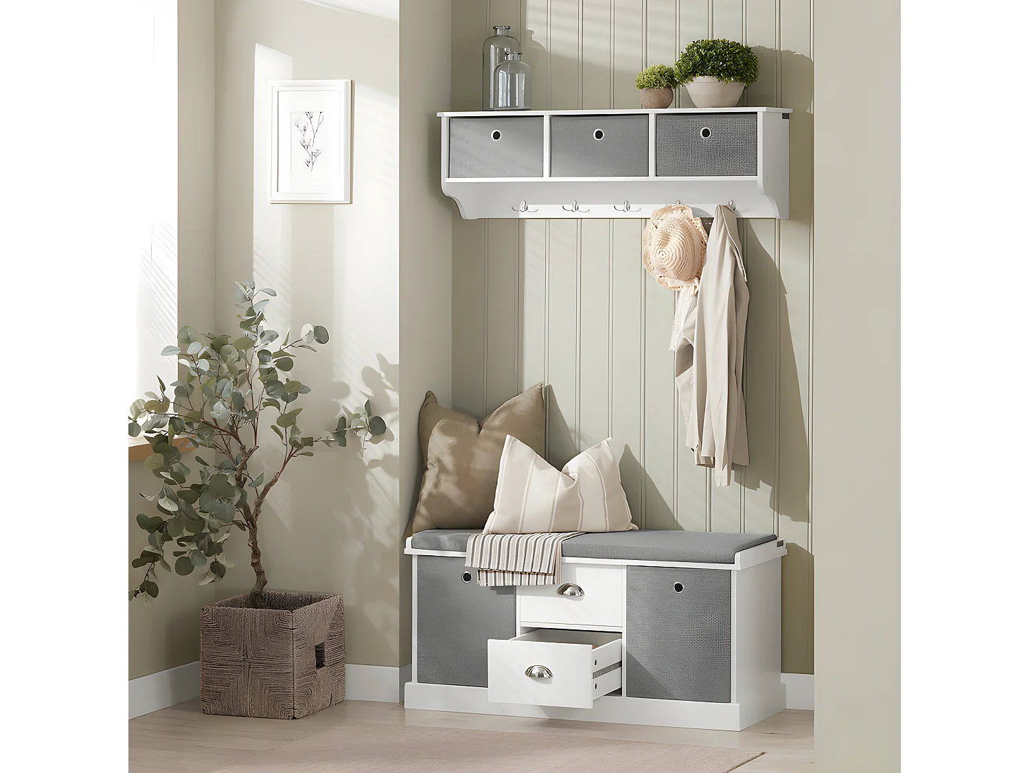 Mueble recibidor Zapatero con Perchero Gris+Blanco, FSR66-HG+FRG282-W SoBuy ES