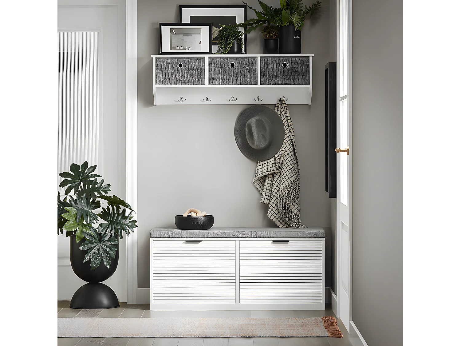 Recibidor Zapatero con Perchero de Estilo Moderno con 2 Solapas para Zapatero y con 5 Ganchos para Perchero Blanco FSR147-W+FRG282-W SoBuy ES