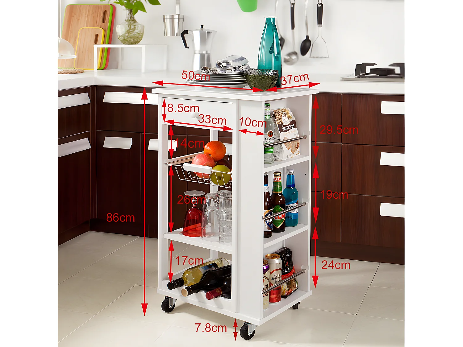 Carrito de Servir, Carrito de Cocina, Carro con 1 cajón, Blanco, FKW12-W SoBuy ES