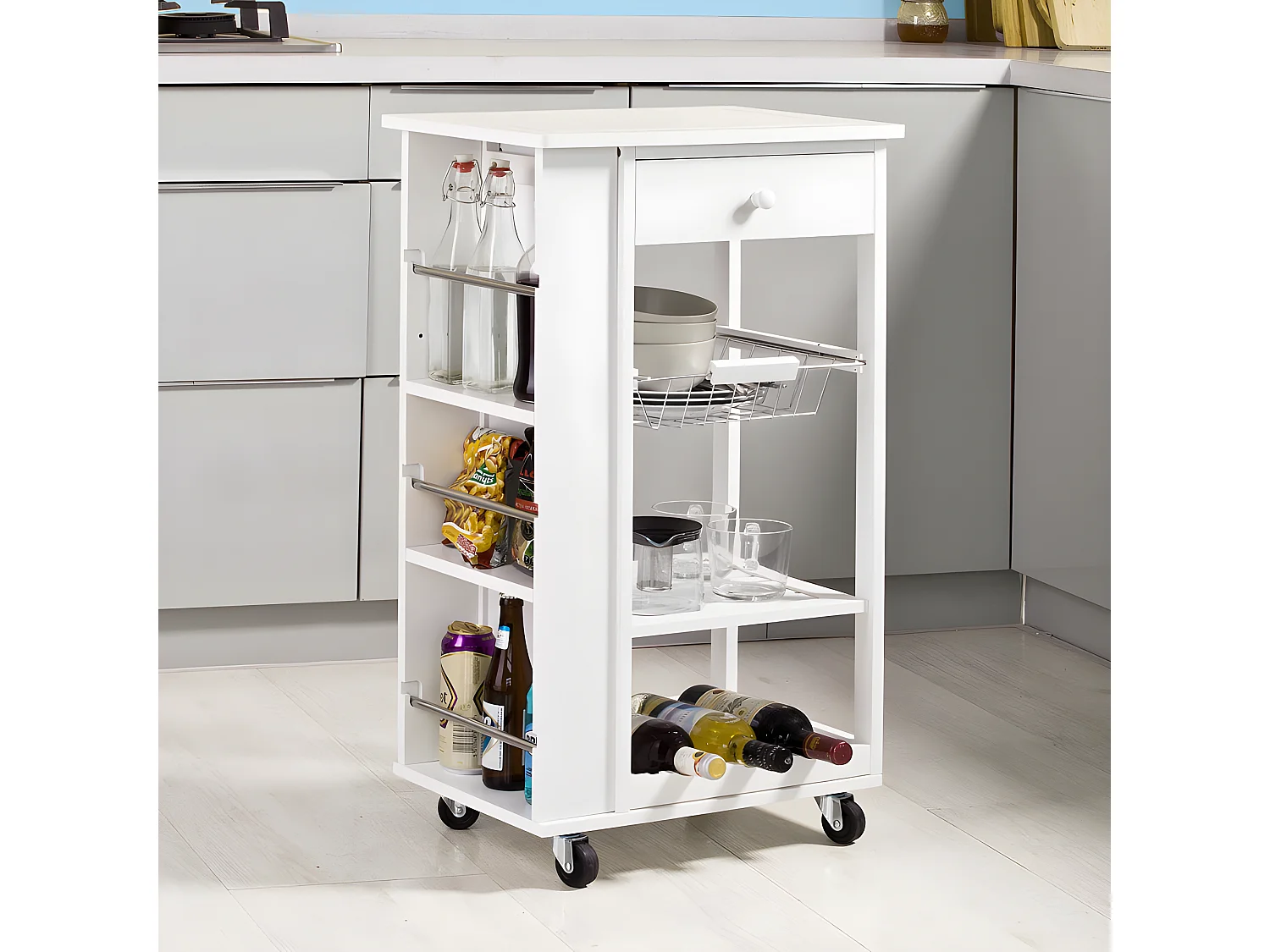 Carrito de Servir, Carrito de Cocina, Carro con 1 cajón, Blanco, FKW12-W SoBuy ES
