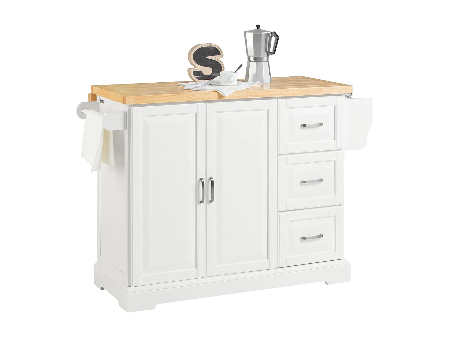 Carrito de Cocina, Estantería de Cocina, Aparador con Ruedas, H91cm x L130cm x P71,Blanco Madera de Caucho FKW41-WN SoBuy ES