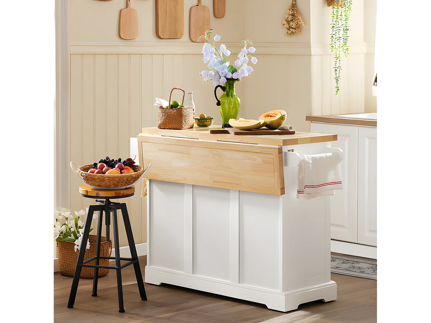 Carrito de Cocina, Estantería de Cocina, Aparador con Ruedas, H91cm x L130cm x P71,Blanco Madera de Caucho FKW41-WN SoBuy ES