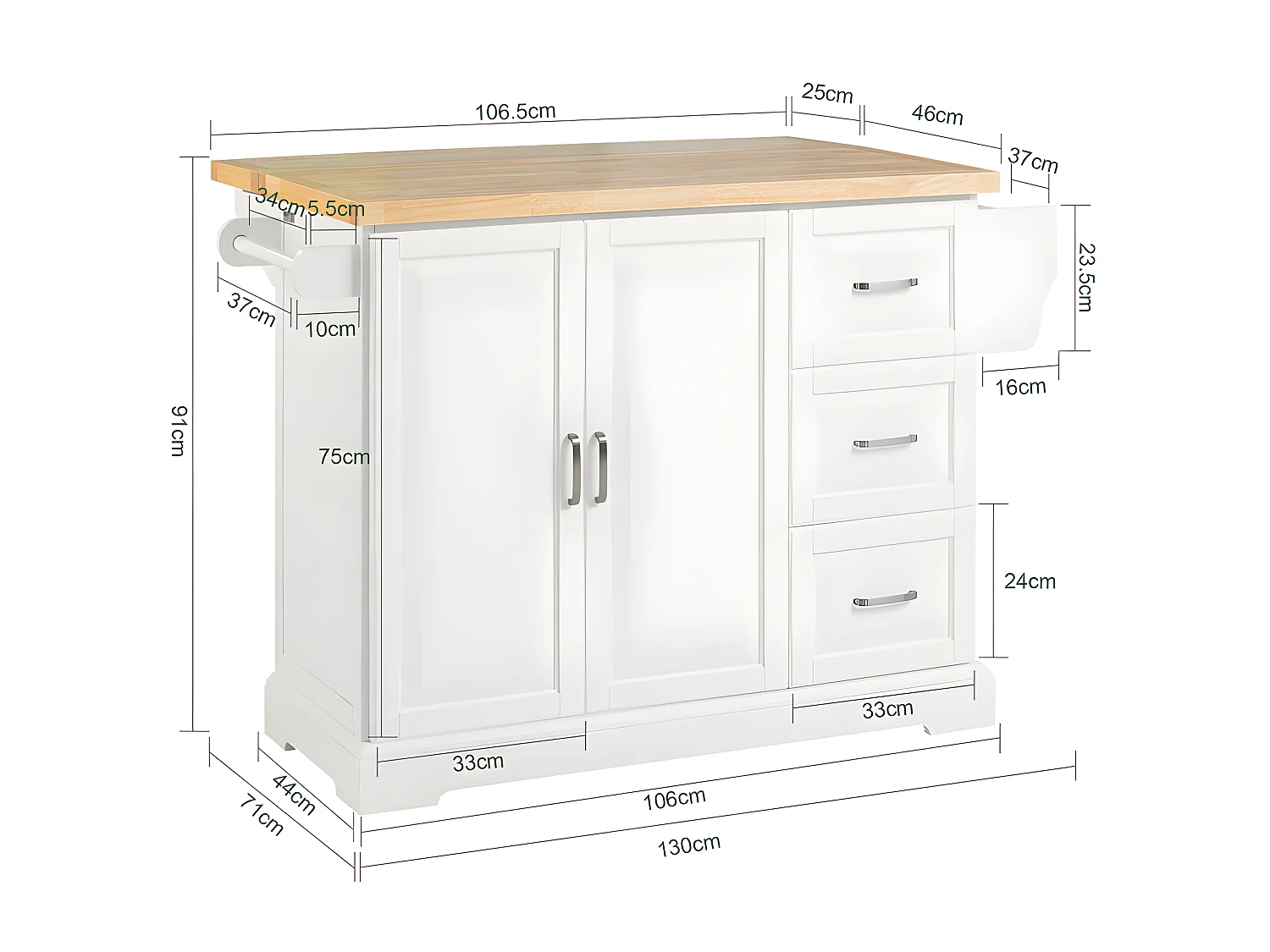 Carrito de Cocina, Estantería de Cocina, Aparador con Ruedas, H91cm x L130cm x P71,Blanco Madera de Caucho FKW41-WN SoBuy ES