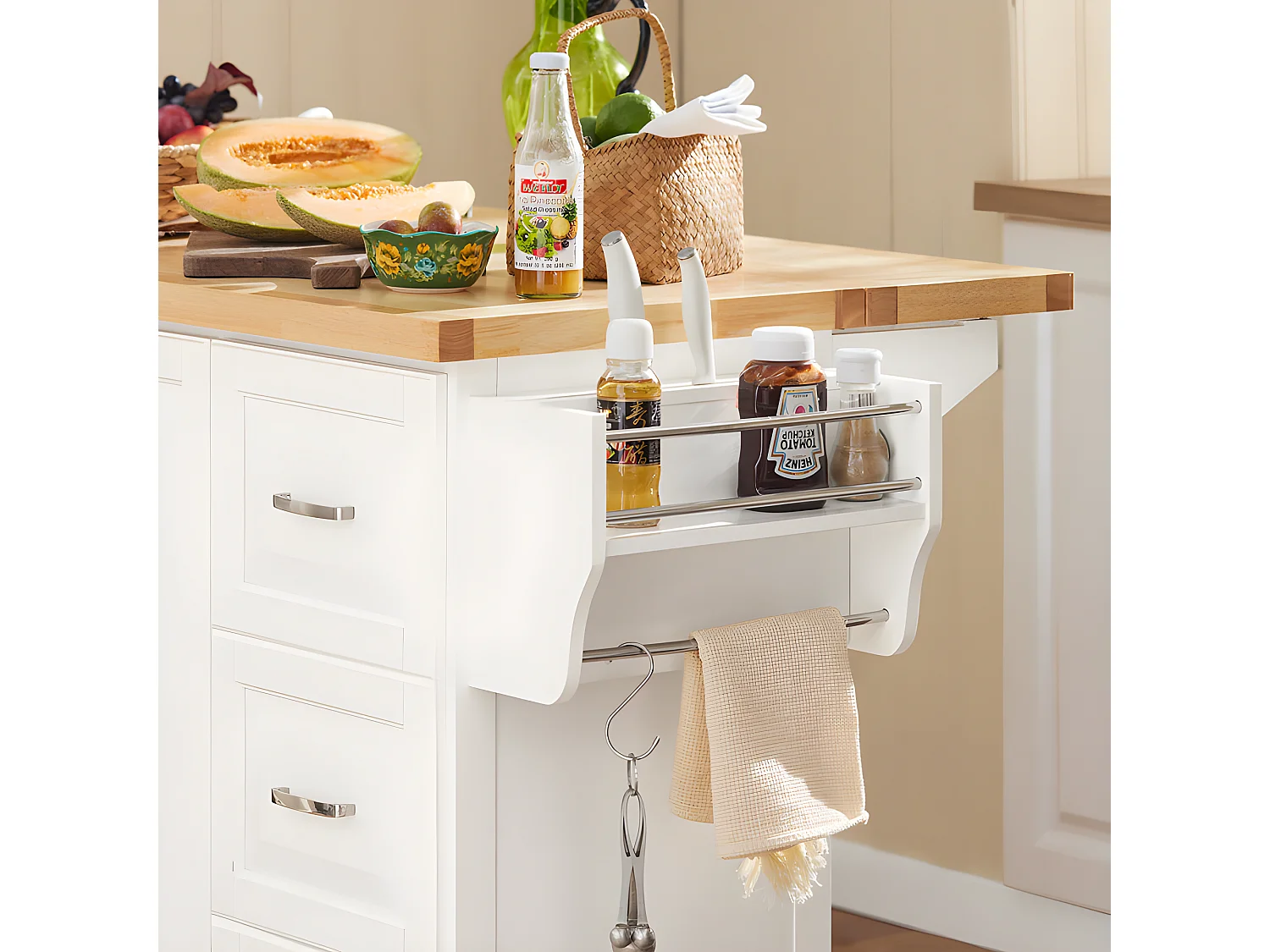 Carrito de Cocina, Estantería de Cocina, Aparador con Ruedas, H91cm x L130cm x P71,Blanco Madera de Caucho FKW41-WN SoBuy ES