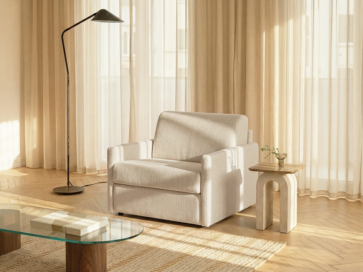 Fauteuil convertible express en tissu texturé beige - Matelas 14 cm CALIFE