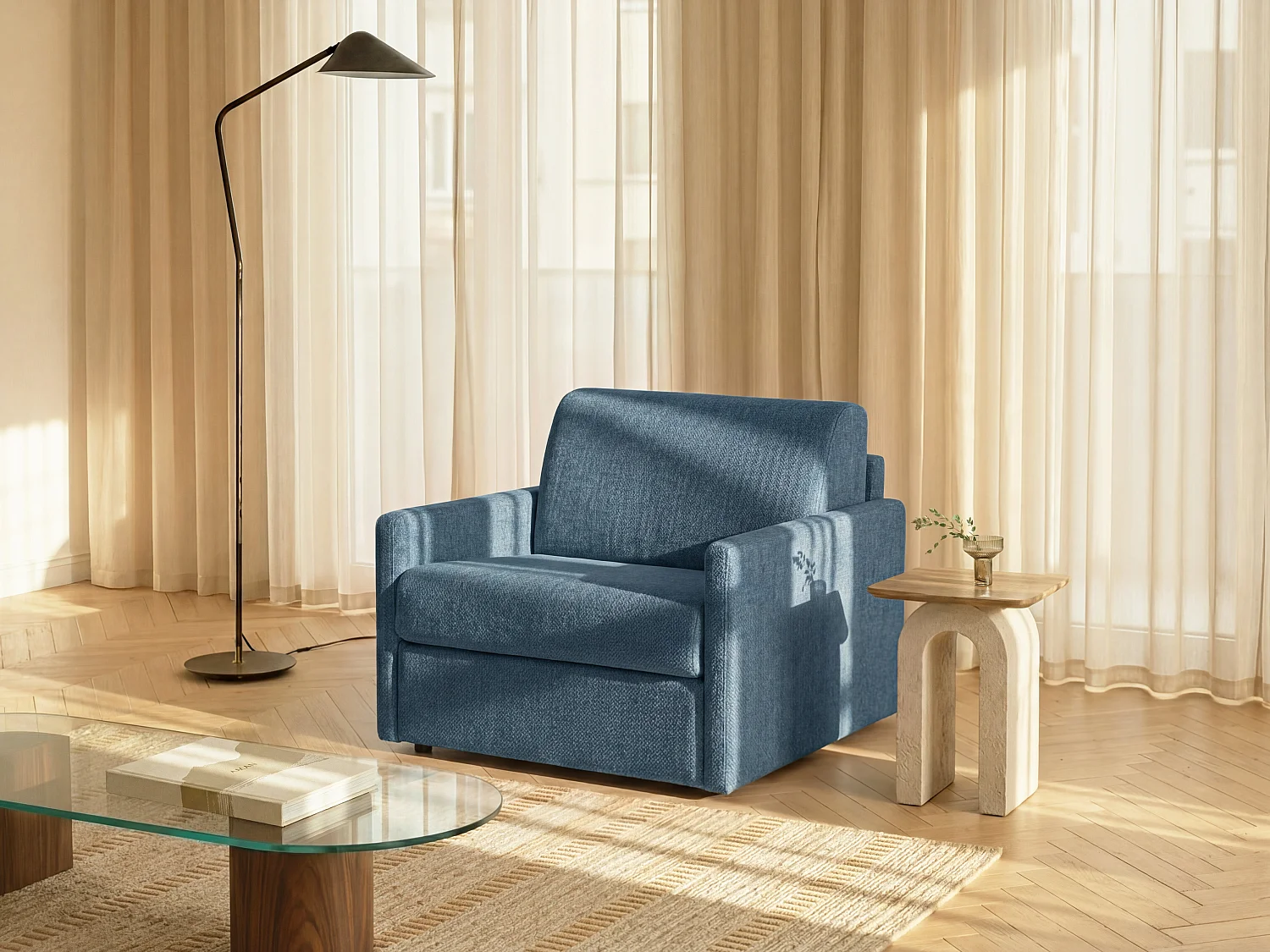 Fauteuil convertible express en tissu texturé bleu - Matelas 14 cm CALIFE
