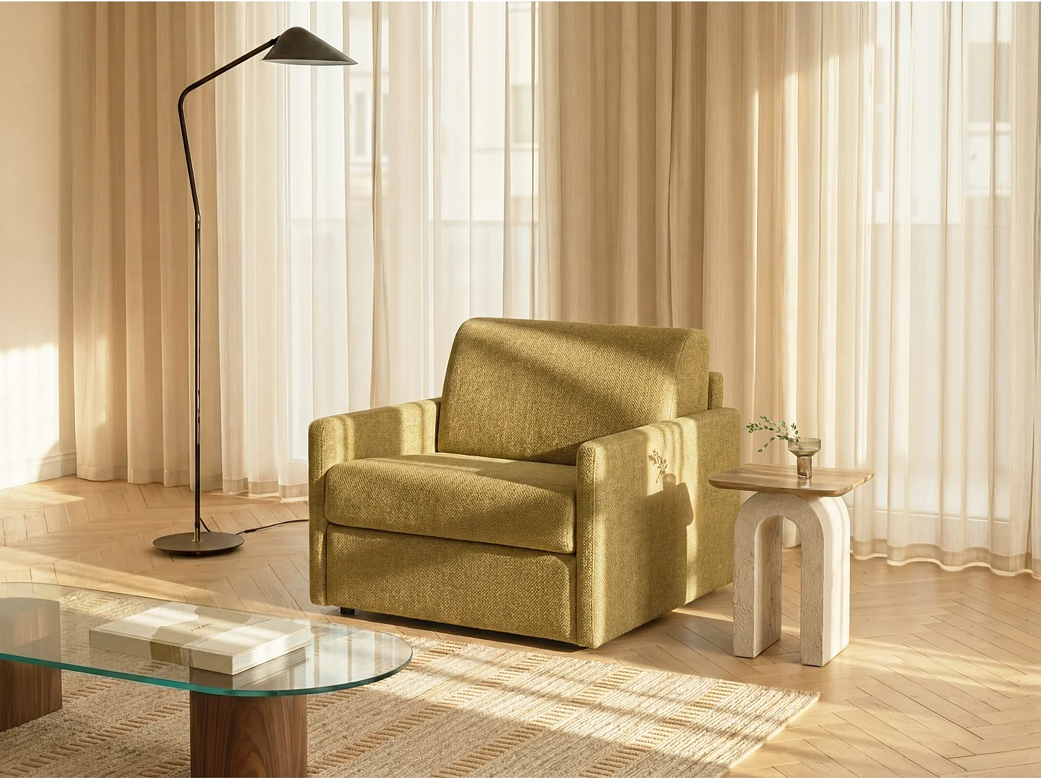Fauteuil convertible express en tissu texturé jaune - Matelas 14 cm CALIFE