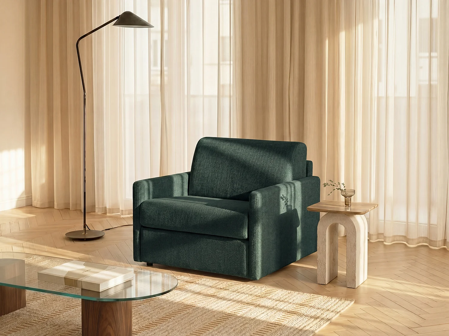 Fauteuil convertible express en tissu texturé vert sapin - Matelas 14 cm CALIFE