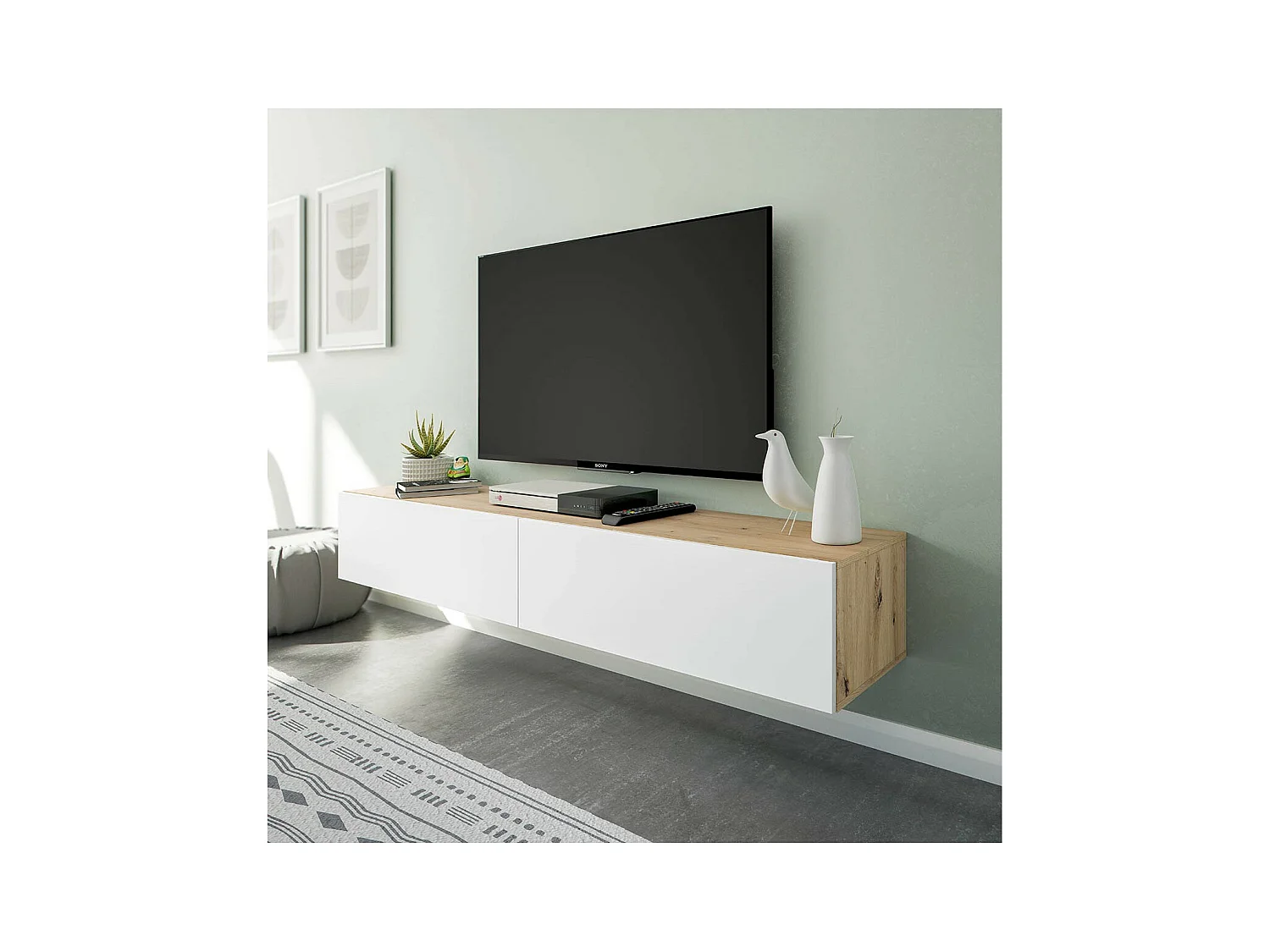 Hängender Schrank mit 2 Klappen und 2 Stauräumen L180 cm - Kaway, zeitgenössisches Design in Eichenholz und arktischem Weiß