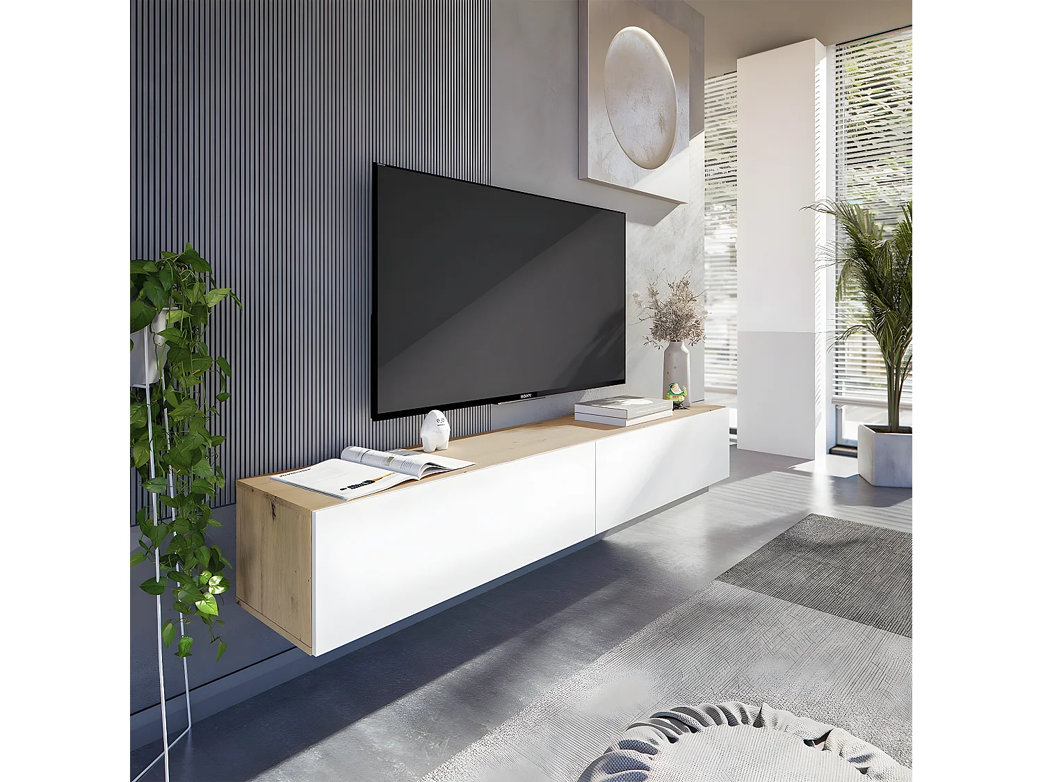 Hängender Schrank mit 2 Klappen und 2 Stauräumen L180 cm - Kaway, zeitgenössisches Design in Eichenholz und arktischem Weiß