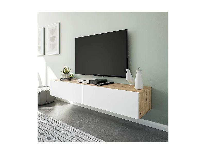 Móvel suspenso com 2 portas e 2 nichos de armazenamento L180 cm - Kaway, design contemporâneo em carvalho nodi e branco ártico