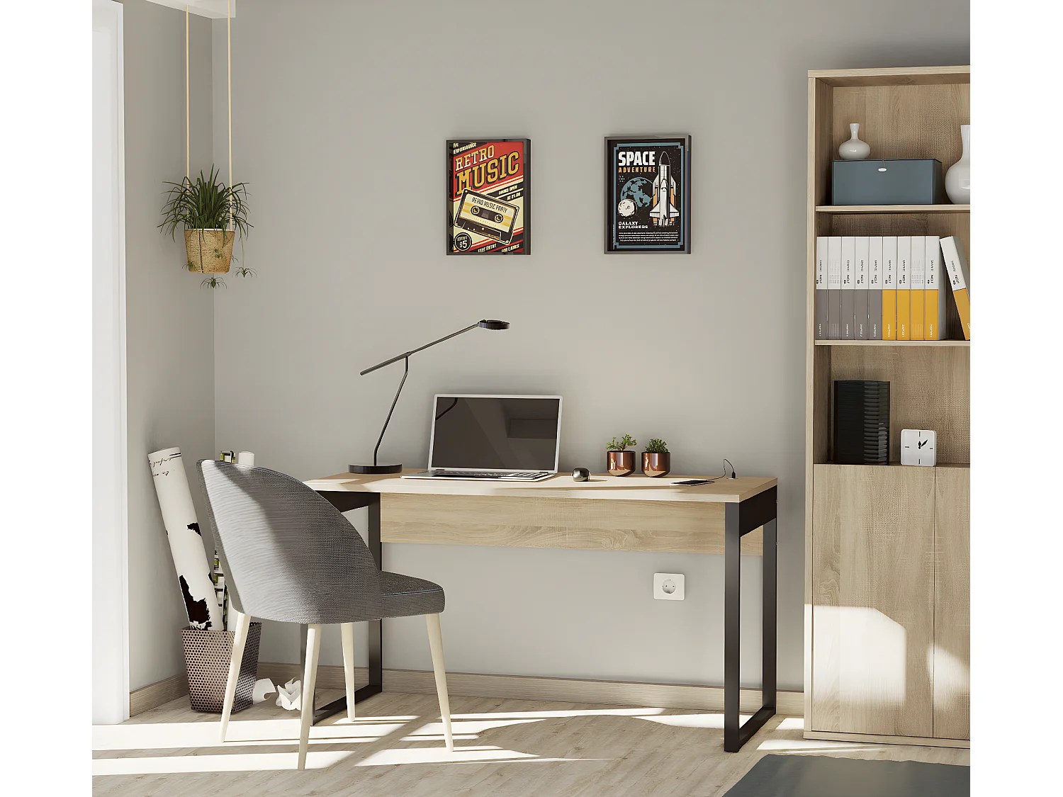 Table de bureau, meuble du bureau coloris chêne cambrian, pieds coloris noir