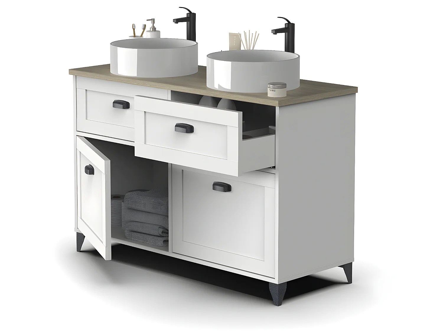 Meuble vasque pour salle de bain coloris blanc, chêne cambrian - L. 120 x L. 47 x H. 92 cm