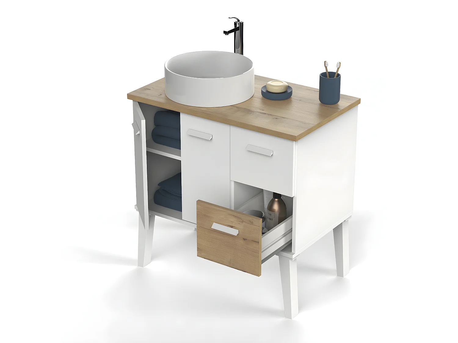 Meuble vasque pour salle de bain coloris blanc, chêne - L. 82 x L. 50 x H. 92  cm