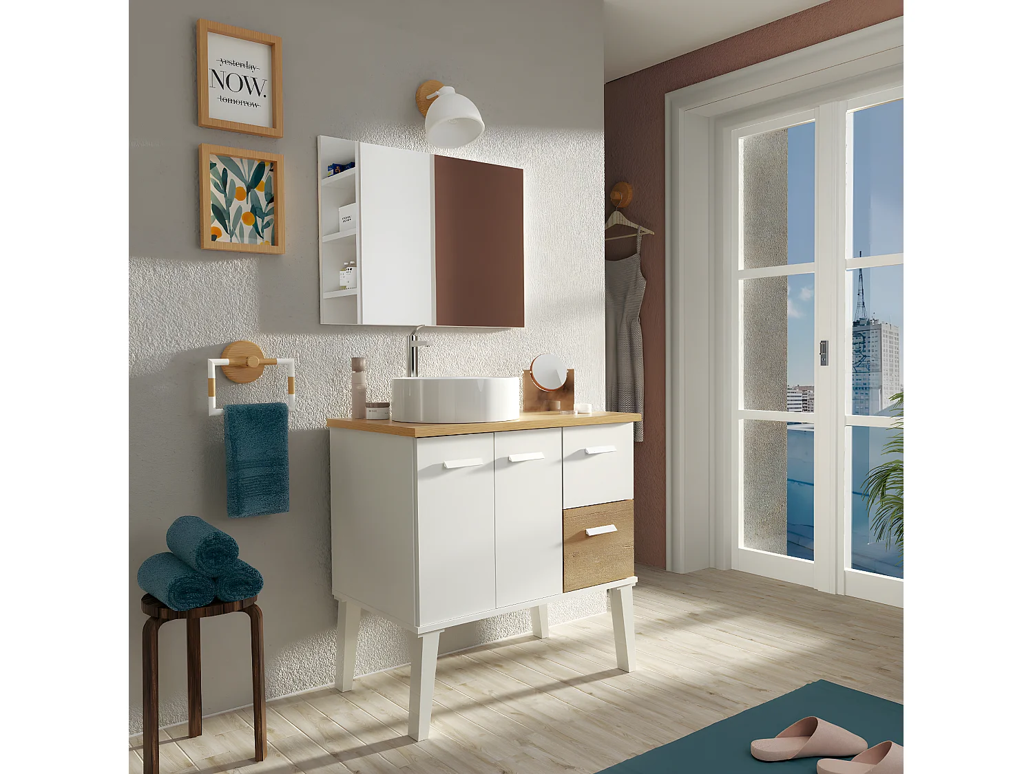 Meuble vasque pour salle de bain coloris blanc, chêne - L. 82 x L. 50 x H. 92  cm