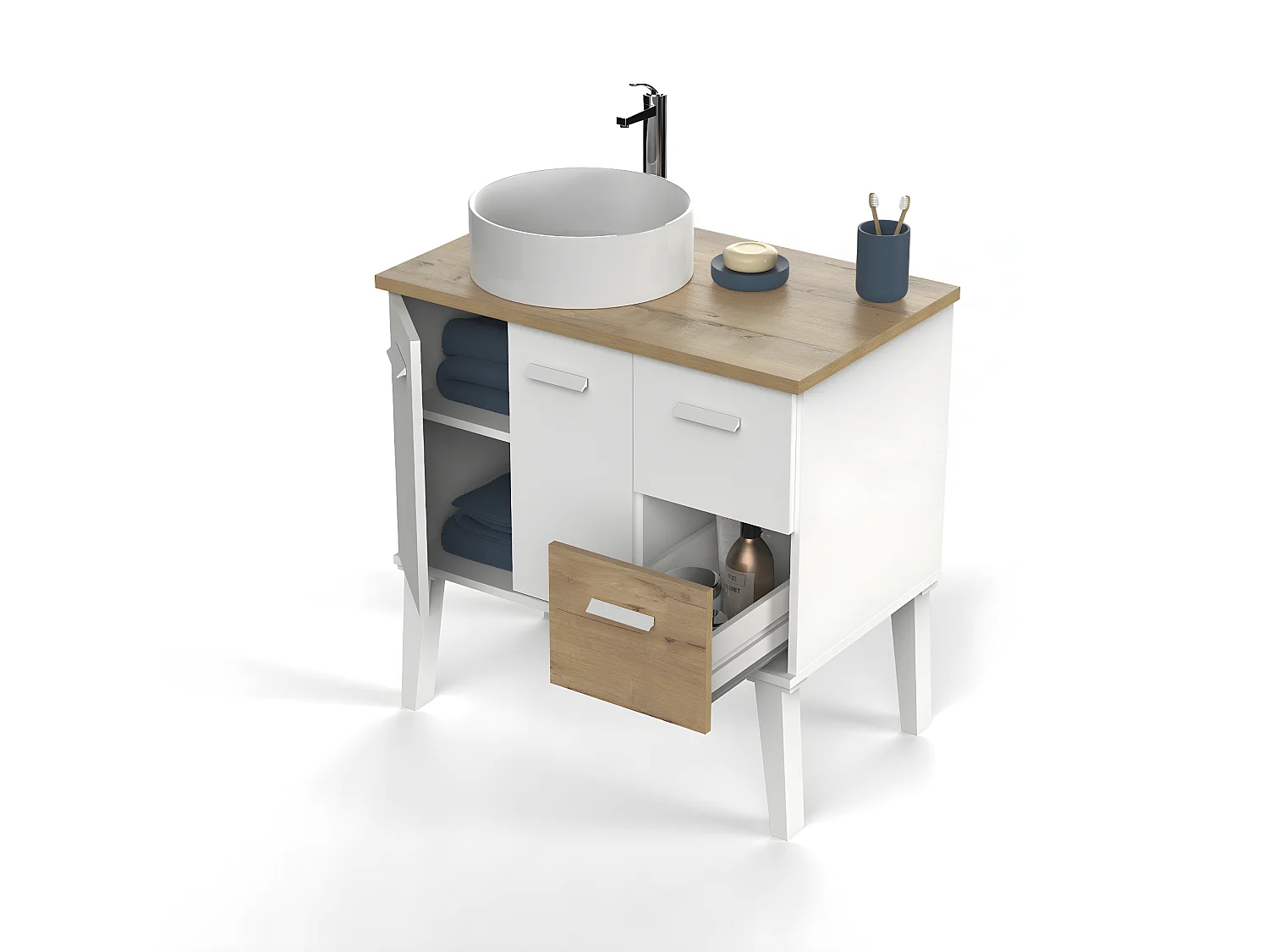 Meuble vasque pour  salle de bain vasque coloris blanc, chêne -  L. 82 x L. 50 x H. 80  cm