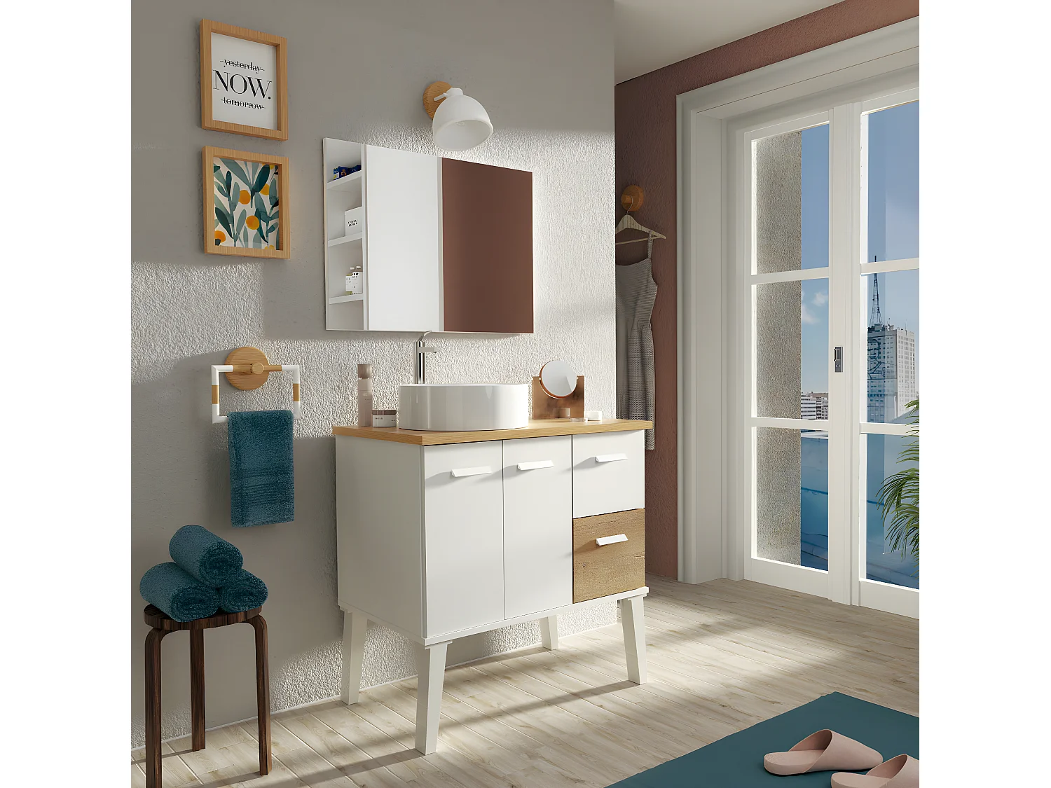 Meuble vasque pour  salle de bain vasque coloris blanc, chêne -  L. 82 x L. 50 x H. 80  cm