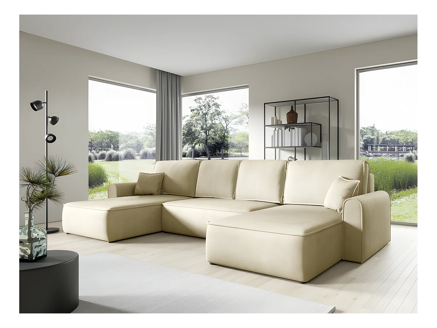 Canapé d'angle panoramique convertible LORIO en tissu aspect velours beige