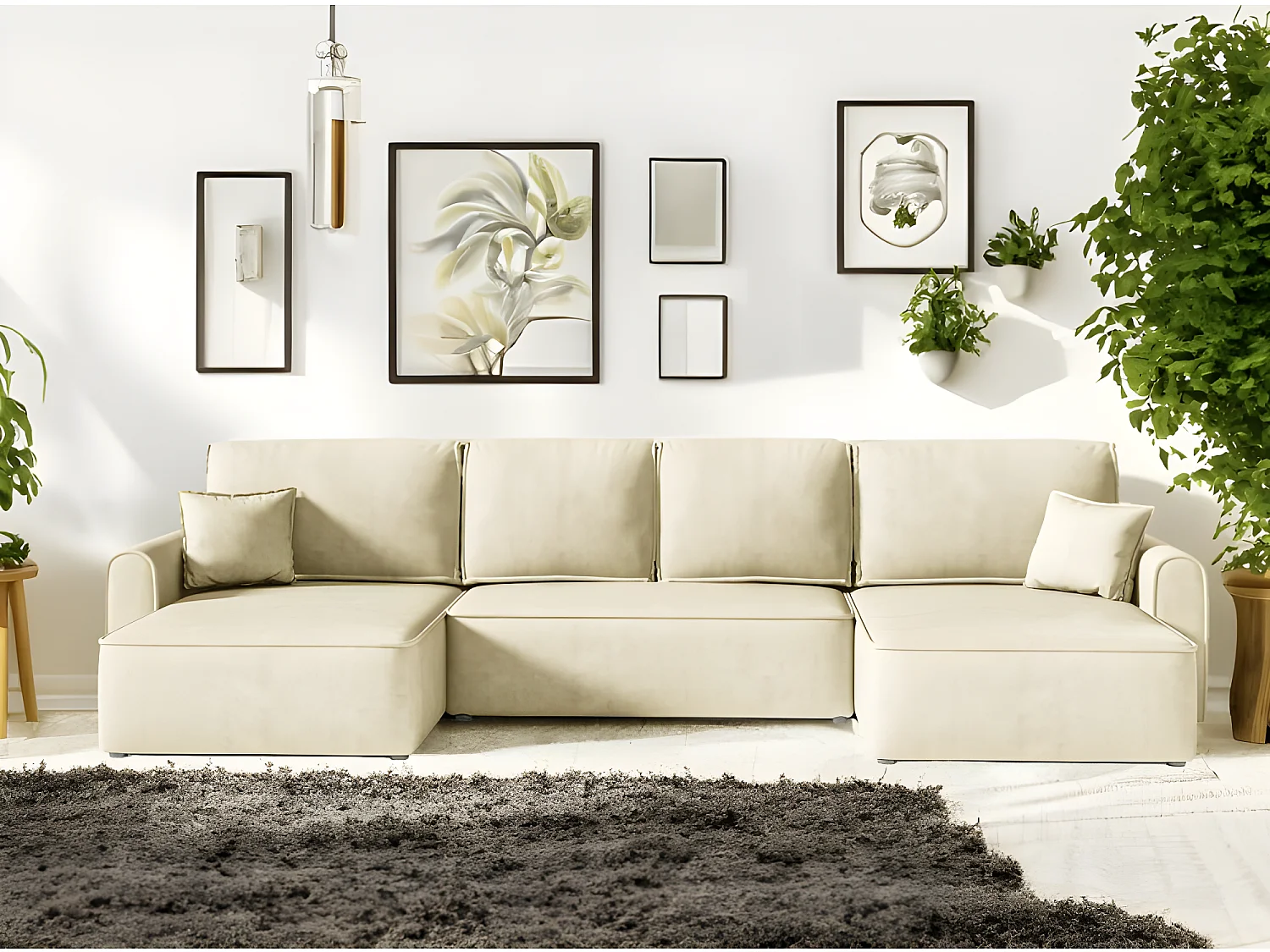 Canapé d'angle panoramique convertible LORIO en tissu aspect velours beige