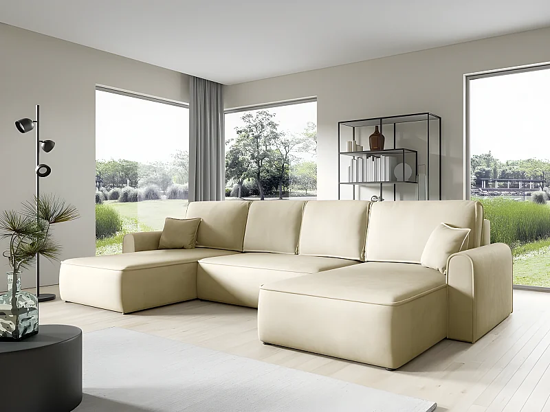 Canapé d'angle panoramique convertible LORIO en tissu aspect velours beige