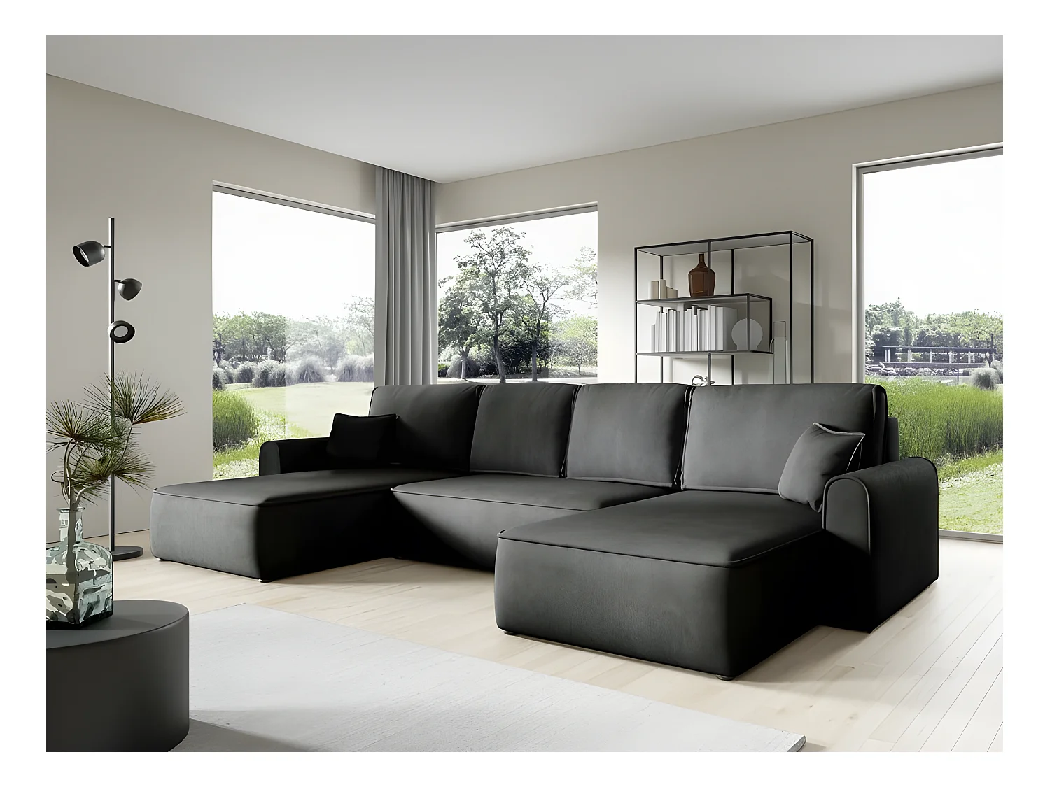 Canapé d'angle panoramique convertible LORIO en tissu aspect velours noir