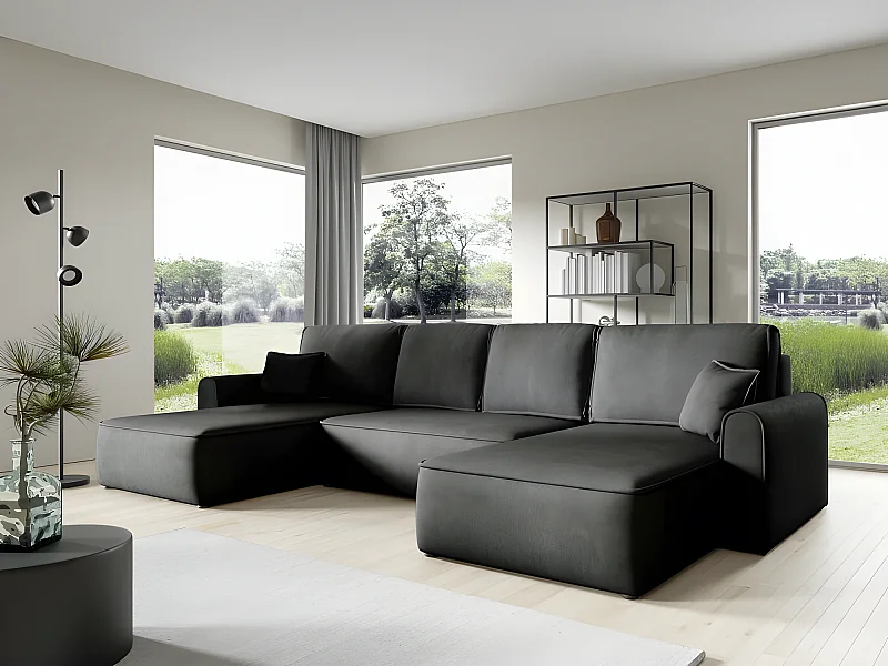 Canapé d'angle panoramique convertible LORIO en tissu aspect velours noir