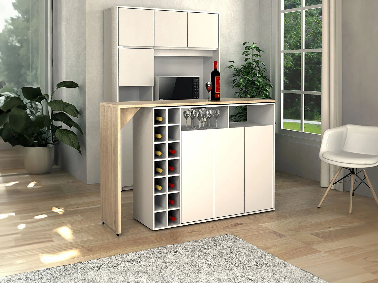 Meuble de bar pivotant avec rangements - Blanc et Naturel - VINALO