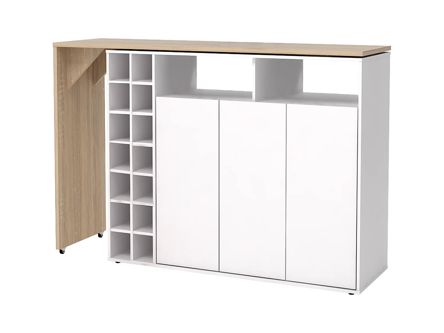 Meuble de bar pivotant avec rangements - Blanc et Naturel - VINALO