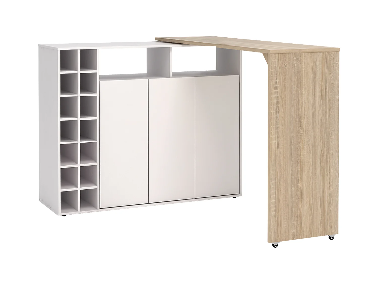 Meuble de bar pivotant avec rangements - Blanc et Naturel - VINALO