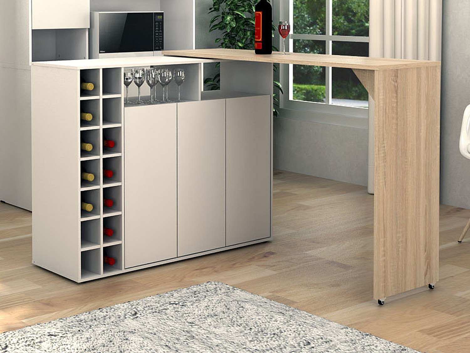 Meuble de bar pivotant avec rangements - Blanc et Naturel - VINALO