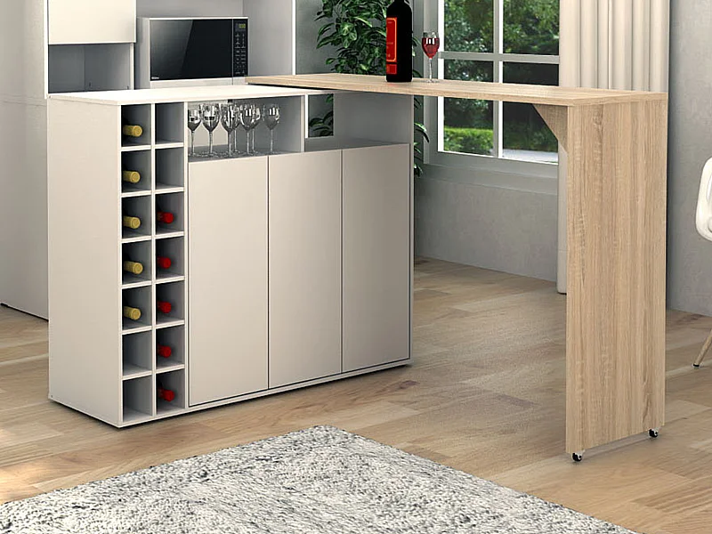 Bartisch drehbar mit Stauraum - Weiß & Holzfarben - VINALO