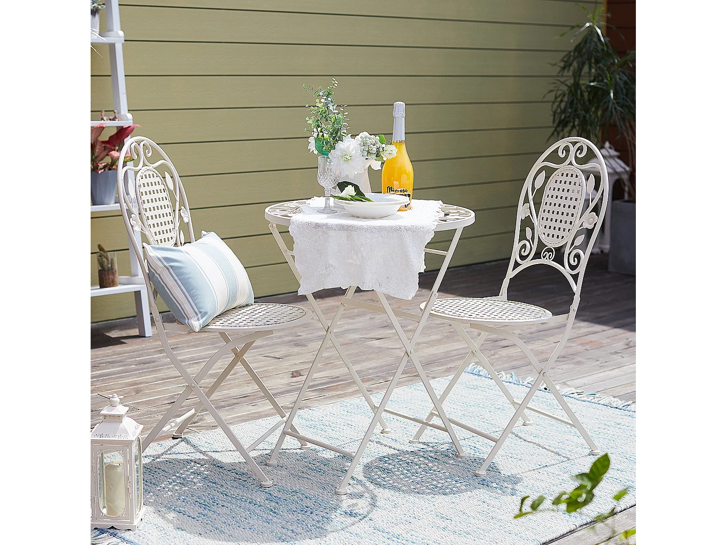 SoBuy OGT35-W 3-delige tuinmeubelset voor 2 personen - 2 tuinstoelen + 1 opklapbare bistrotafel tuinset ronde tafel