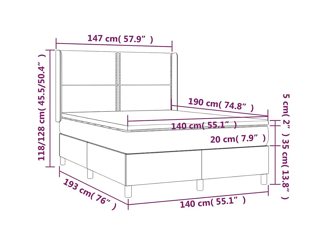 Sommier à lattes de lit matelas et LED Noir 140x190 cm Tissu