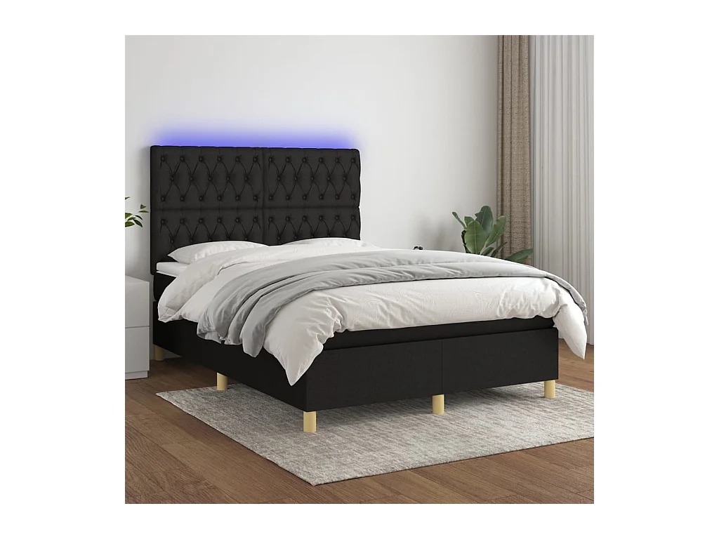 Sommier à lattes de lit et matelas et LED Noir 140x190 cm Tissu