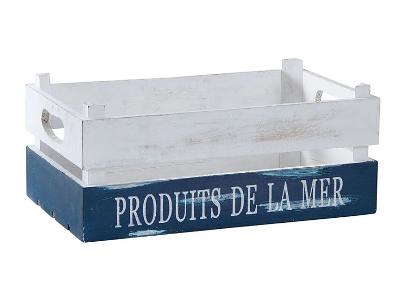 Caisse "Produits de la Mer" en bois patiné blanc et bleu