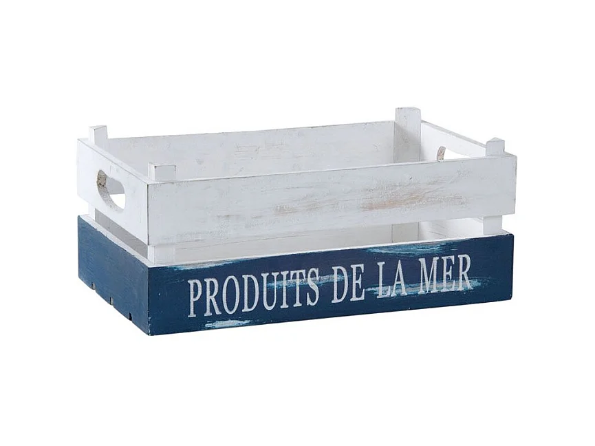Caisse "Produits de la Mer" en bois patiné blanc et bleu