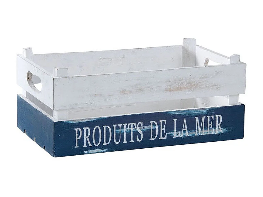 Caisse "Produits de la Mer" en bois patiné blanc et bleu