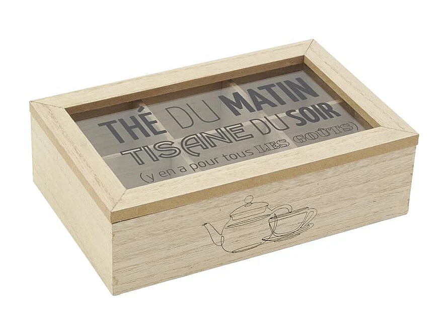 Boite à thé en bois et verre 6 compartiments Boîte à thé 6 comp.