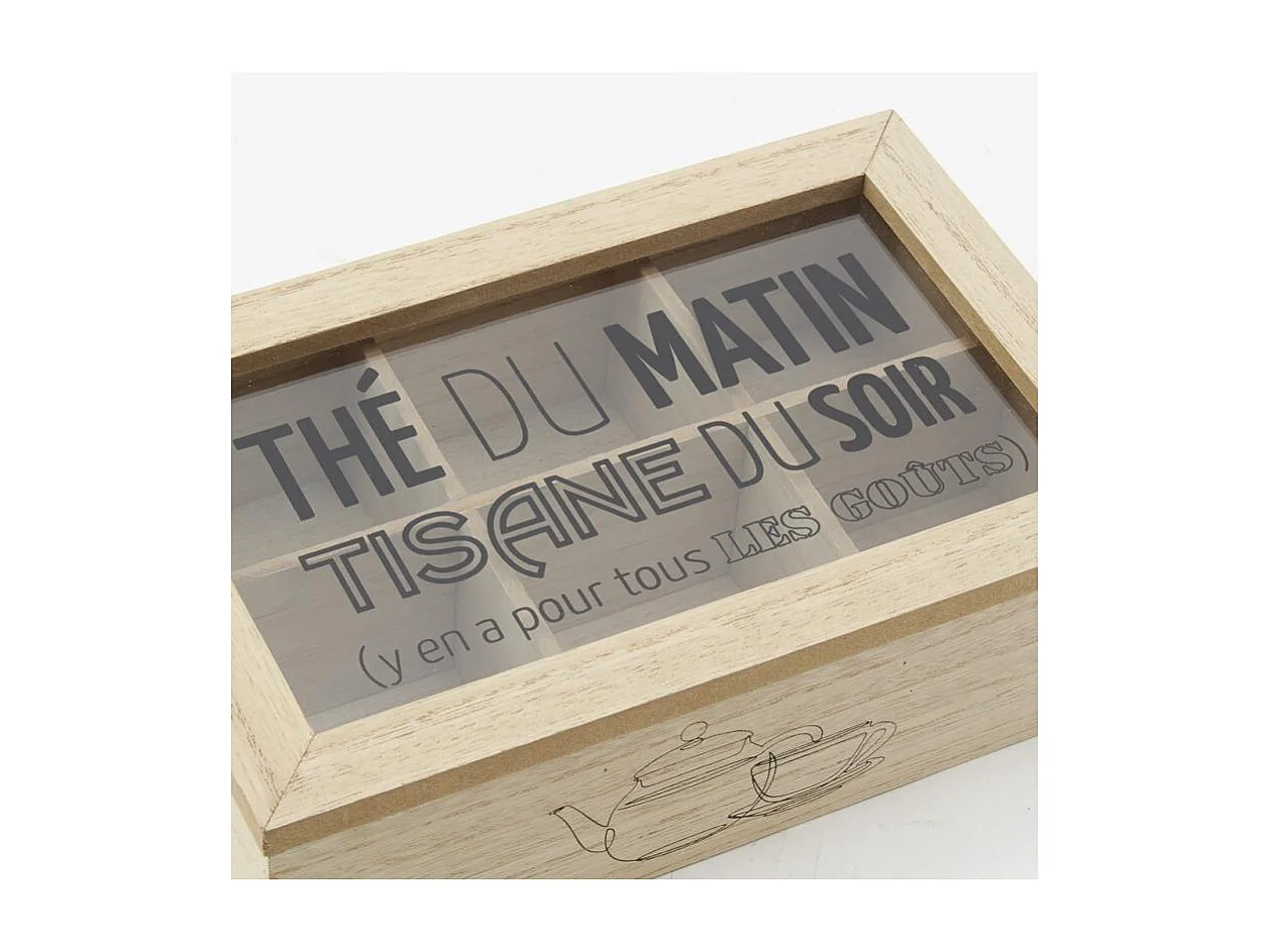 Boite à thé en bois et verre 6 compartiments Boîte à thé 6 comp.