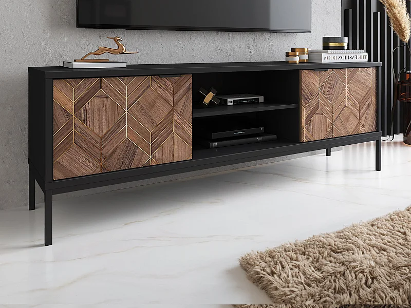 Móvel de TV com 2 portas e 2 nichos preto e natural escuro - MIALINE