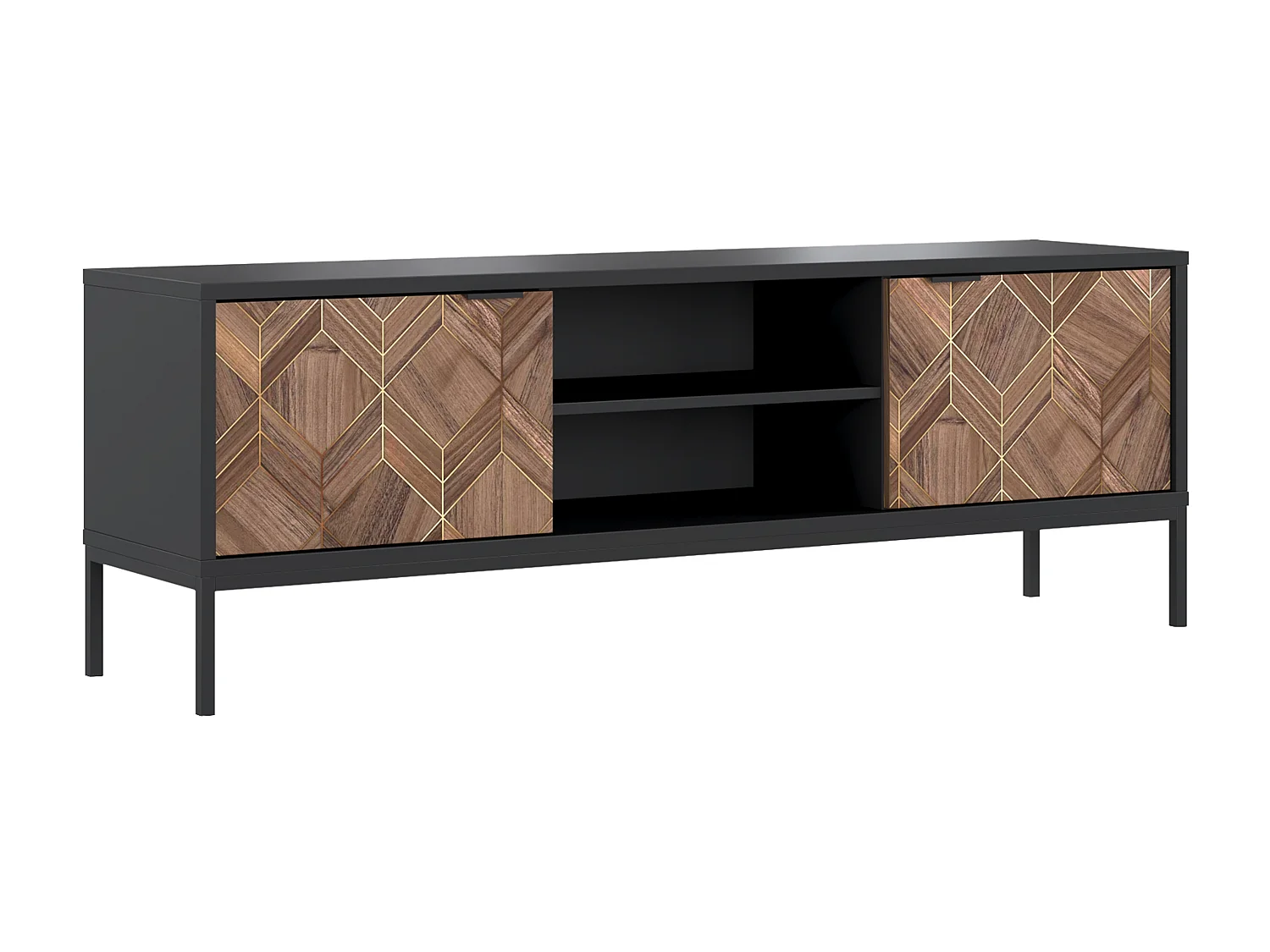 TV-Möbel - 2 Türen & 2 Ablagefächer - Schwarz & Holzfarben dunkel - MIALINE