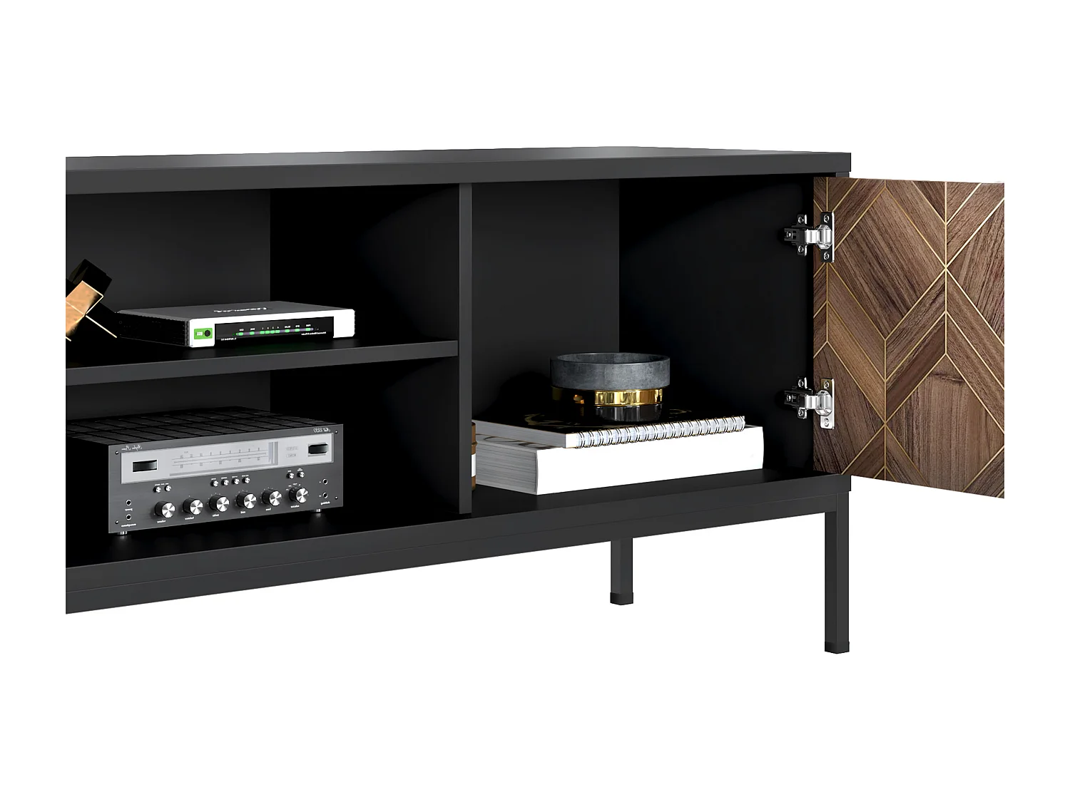 TV-Möbel - 2 Türen & 2 Ablagefächer - Schwarz & Holzfarben dunkel - MIALINE