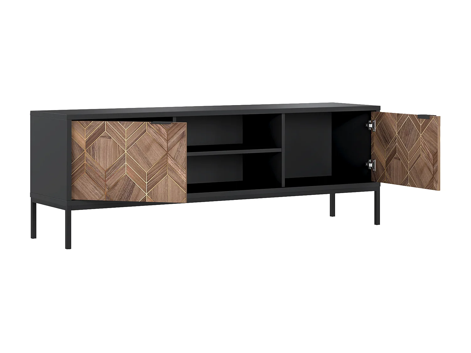TV-Möbel - 2 Türen & 2 Ablagefächer - Schwarz & Holzfarben dunkel - MIALINE