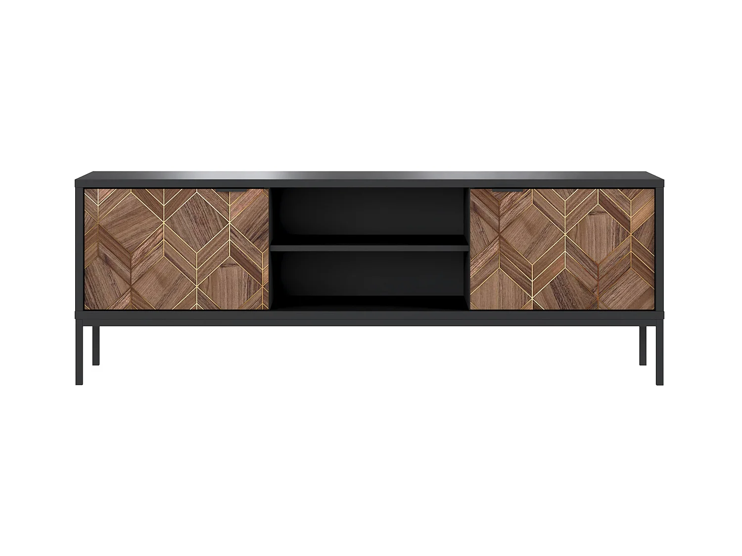 Meuble TV avec 2 portes et 2 niches - Noir et Naturel foncé - MIALINE