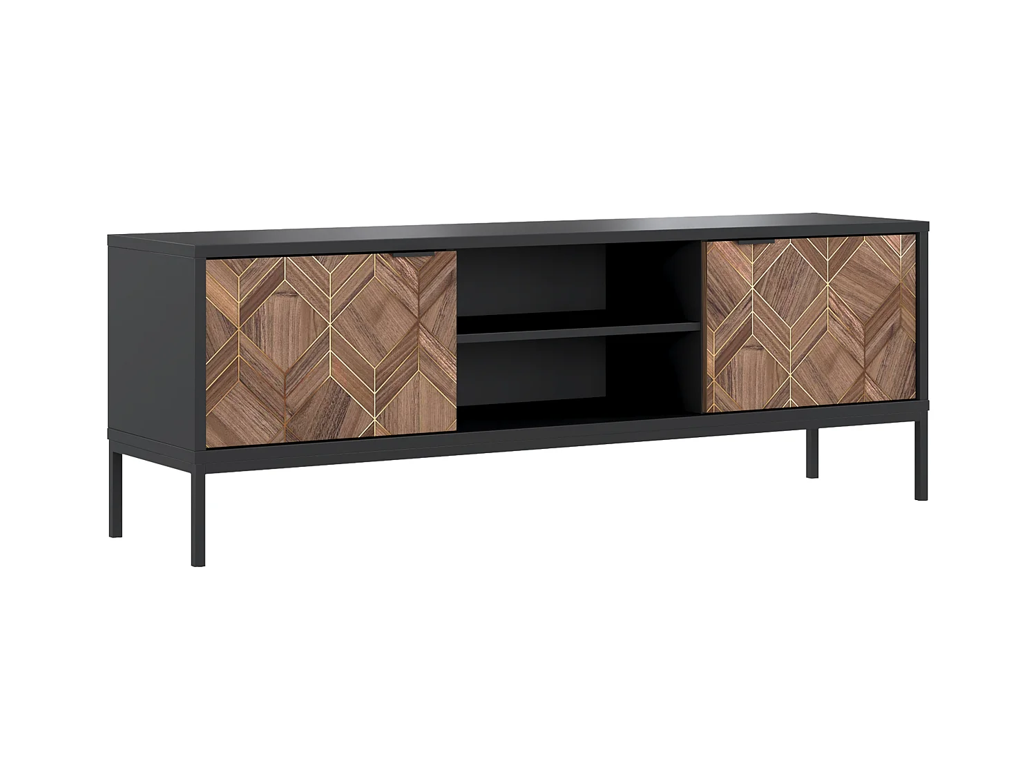 Meuble TV avec 2 portes et 2 niches - Noir et Naturel foncé - MIALINE