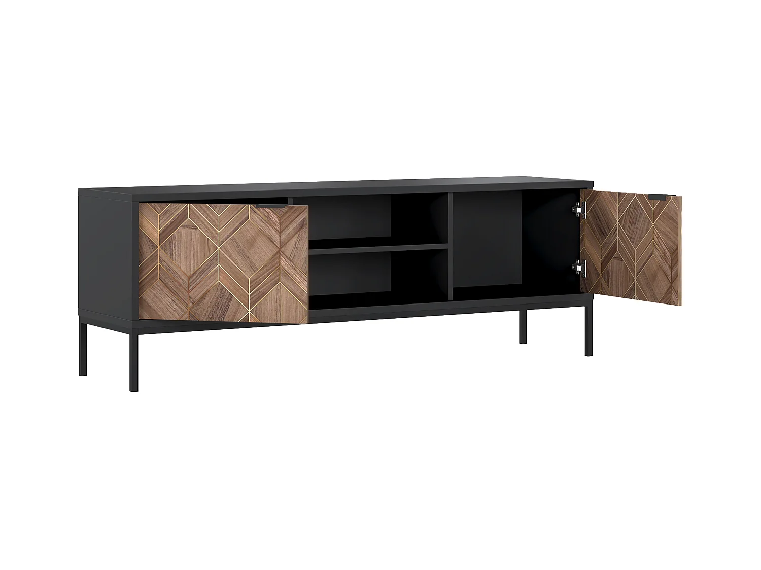 Meuble TV avec 2 portes et 2 niches - Noir et Naturel foncé - MIALINE