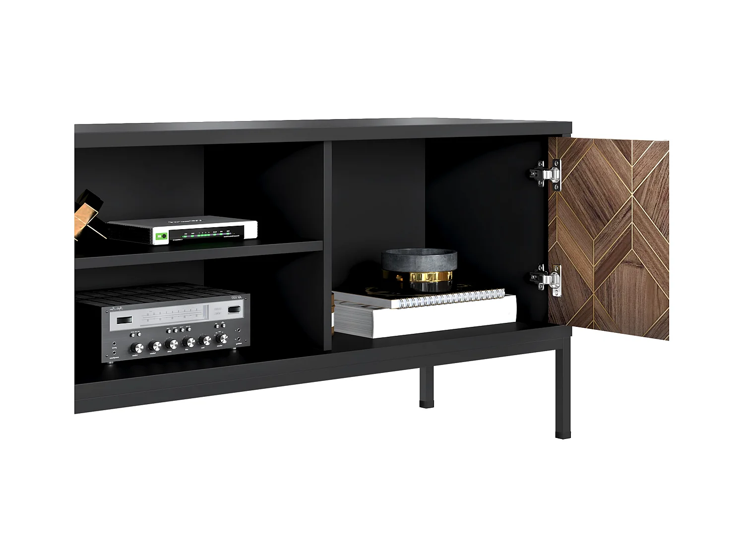 Meuble TV avec 2 portes et 2 niches - Noir et Naturel foncé - MIALINE