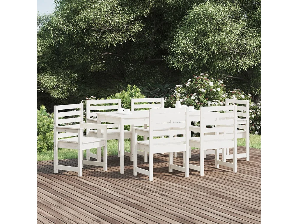 Set da Pranzo per Giardino 7pz Bianco in Legno Massello di Pino